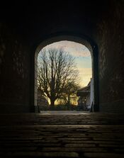 De poort van Slot Loevestein bij zonsopgang van 